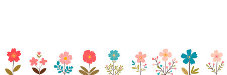 Plant composition with text space, beautiful floral frame. Hand drawn flowers banner. Hand drawn flat style colorful vector illustration.のイラスト素材