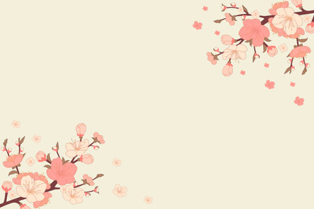 Blossom of peach branches. Japanese flowering trees, peach blossoms, spring decor Vector illustration. Bannerのイラスト素材