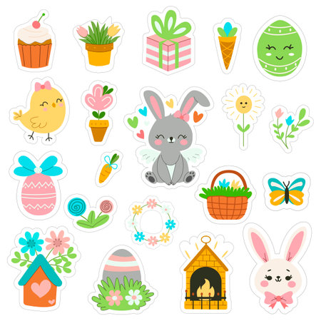 Cute set of Easter stickers. Bunny, cupcake, fireplace, basket, gift, egg, butterfly, ice cream, chicken,. Easter elements.のイラスト素材