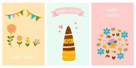 Greeting cute cards for the Easter holiday. Cute carrots, spring cartoon flowers. For posters, postcards, scrapbooking, stickersのイラスト素材