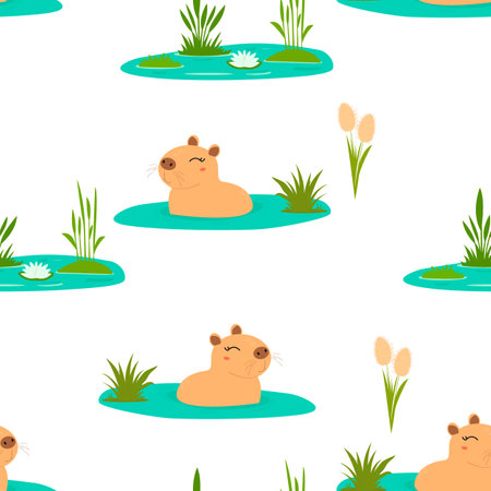 Cute capybaras seamless pattern. Template for textile, wallpaper, packaging, cover, web, card, box, print, banner, ceramicsのイラスト素材