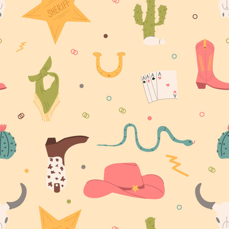 Seamless pattern with cowboy boots, hat, cards, stars and snakes. Wild West theme. The simple baby style is ideal for textiles, baby shower fabrics, digital paper and fashion.のイラスト素材