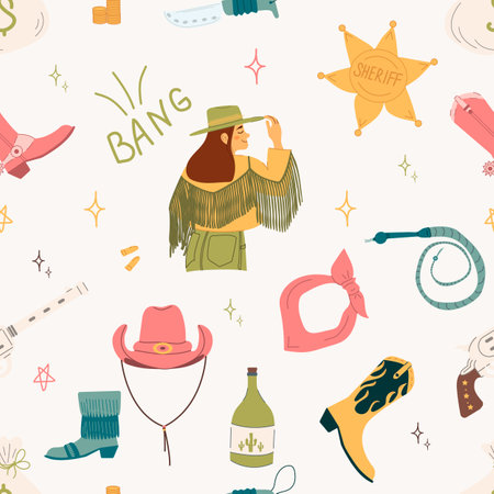 Seamless pattern with cowboy boots, hat, cards, stars and snakes. Wild West theme. The simple baby style is ideal for textiles, baby shower fabrics, digital paper and fashion.のイラスト素材