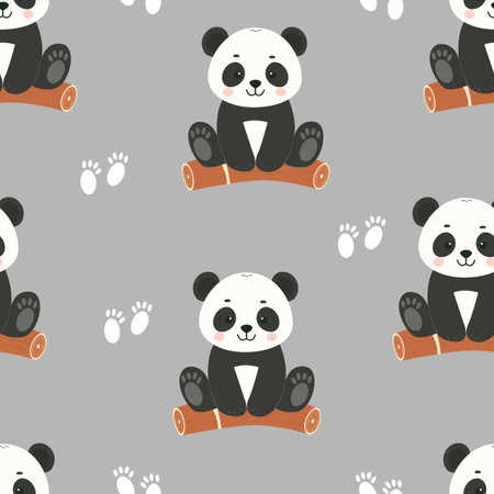 Cute pandas sitting on a tree, paw prints seamless pattern. Template for textile, wallpaper, packaging, cover, web, card, box, print, banner, ceramicsのイラスト素材