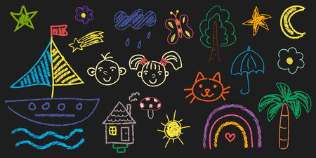Set of vector drawings hand drawn with colored chalk on a blackboard. Cute flower, ship, umbrella, animal elements, house, trees, rain, children, palm tree. Cute preschool activity for kids, education.のイラスト素材