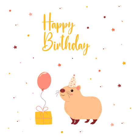 Happy birthday card with capybara.Invitation template. Vector illustration of a baby card.のイラスト素材