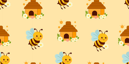 Seamless pattern with bees,beehive,melliferous flowers isolated on yellow background vector illustration. Cute honey print background.のイラスト素材