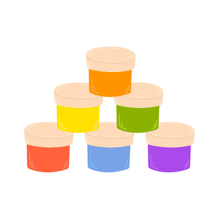 Set of bright gouache paints in a box. Colorful palette. Tools and accessories for child, designer, illustrator, artist. Vector school supplies.のイラスト素材