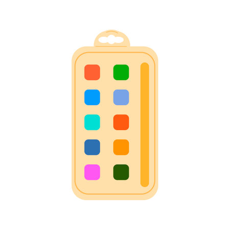 Set of bright watercolor paints in a box. Colorful palette. Tools and accessories for child, designer, illustrator, artist. Vector school supplies.のイラスト素材