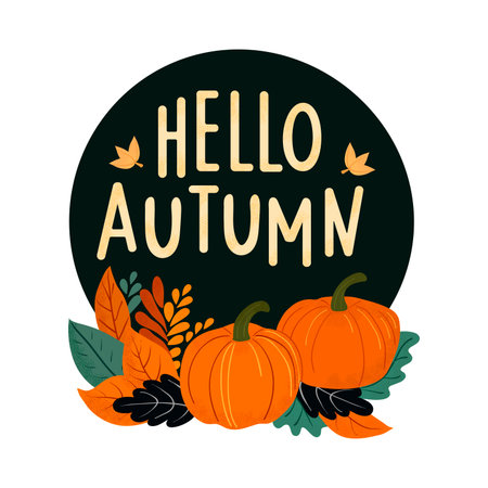 Hello Autumn Banner. Cute wreath of autumn leaves. Vector seasonal illustration. Greeting card template, for poster.のイラスト素材