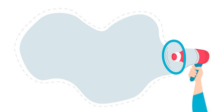 Hand holding megaphone .Marketing communication concept for poster, social media post, banner.Flat graphic vector illustration isolated on white backgroundのイラスト素材