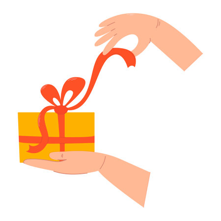 Hands wrapping a holiday present. Birthday gift box packaging. Preparation for Christmas or New Year celebration. Flat isolated vector illustration.のイラスト素材