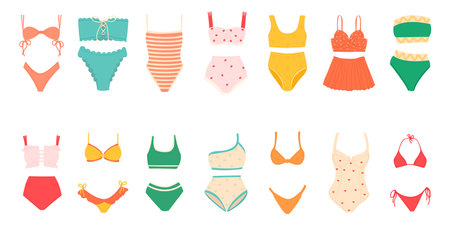 Different types of colorful swimsuits. Big summer set of hand drawn vector images of underwear. Collection of scrapbooking elements for a beach party. All elements are isolatedのイラスト素材