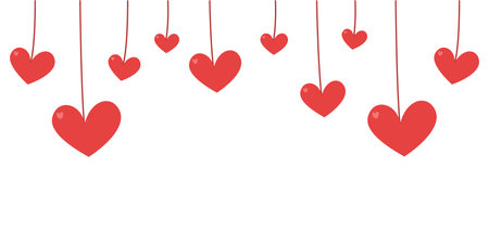 Hanging red hearts on strings over white background for Valentine's Day. Romantic background with dangling hand drawn hearts and copy space. Cute Valentine's Day border with red heart ornaments hanging on threadsのイラスト素材