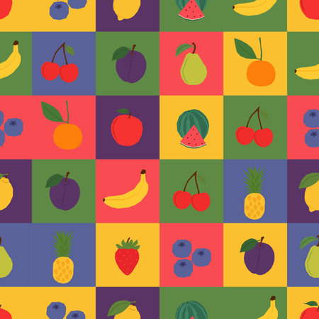 Seamless colorful pattern with hand-drawn fruits. Cute fruit background with bananas, cherries,...