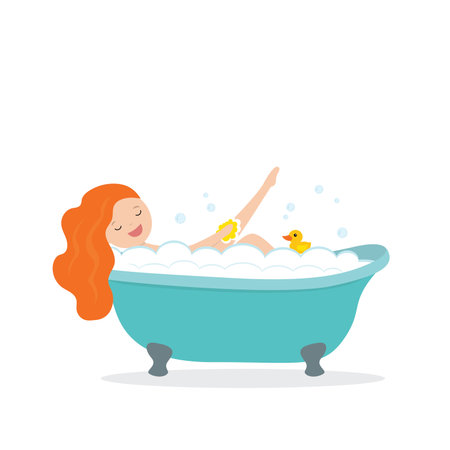 Young woman taking bubble bath. Female character washes in bathroom. Funny cartoon design with lady in soap bubbles and duck toy isolated on white backgroind. Flat vector illustrationのイラスト素材