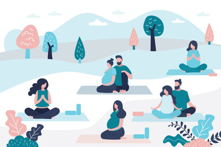 Female instructor sitting in lotus yoga pose. Beauty pregnant women and handsome men outdoors. Health care, athletic family in park. Yoga lesson with woman teacher. Fitness for pregnant. Vectorのイラスト素材