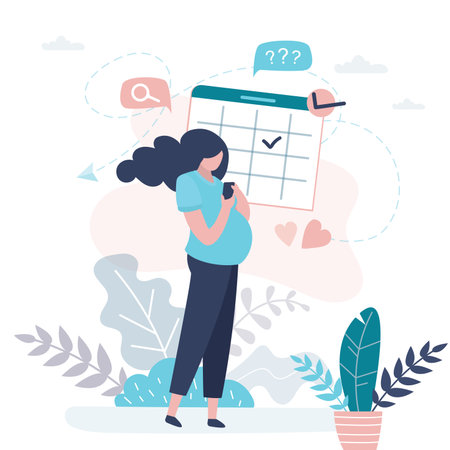 Happy pregnant woman use mobile phone. Doctor appointment schedule and date of birth. Pregnancy and prenatal period. Cute female character. Trendy style vector illustrationのイラスト素材