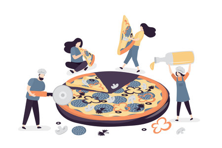 Funny tiny people cooking big pizza. Chefs prepare traditional italian food. People work in a pizzeria. Workers in uniform. Women holding and eating pieces of big pizza.のイラスト素材