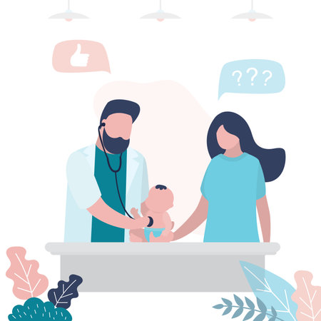 Pediatrician doctor examines a child. Infant baby with mother and handsome male medical specialist. Health care background. Medical checkup. Parent with baby. Trendy vector illustrationのイラスト素材