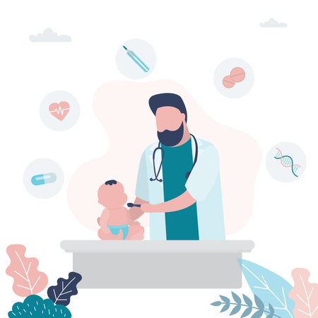 Pediatrician doctor examines a child. Infant baby and handsome male medical specialist. Health care background. Medical checkup. Trendy vector illustrationのイラスト素材