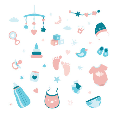 Set of elements and objects for a newborn baby. Collection of symbols and icons for infant. Doodle tools isolated on white background. Flat vector illustrationのイラスト素材