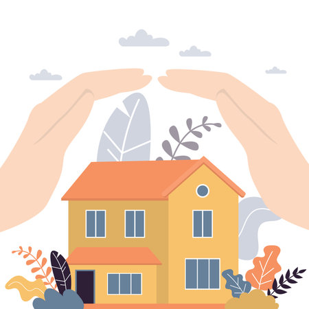 Real estate insurance concept background. Hands of businessman covering house with care. Home security protection banner. Trendy vector illustrationのイラスト素材