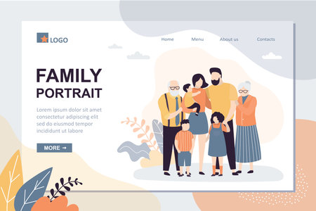 Family portrait landing page template. Happy parents with children. Grandparents, Mother, father and three kids. Cute huge family. Trendy style vector illustrationのイラスト素材