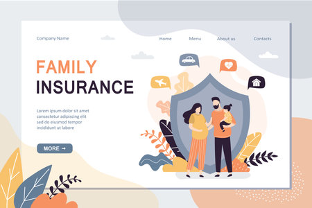 Family insurance landing page template. Insurance, healthcare concept banner. Assurance plan, full insurance coverage. Cute parents with child, protection shield on background. Pregnant woman. Vectorのイラスト素材