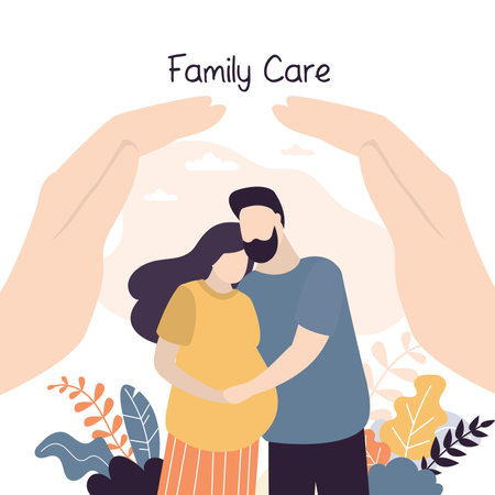 Insurance and healthcare concept background. Big hands covering tiny young love couple with care.Medical or financial assurance, family care banner template. Pregnant woman with husband. Vector illustrationのイラスト素材