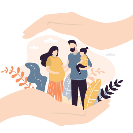 Insurance and healthcare concept background. Big hands covering tiny young love couple with care.Medical or financial assurance, family care banner template. Pregnant woman with husband and child. Vectorのイラスト素材