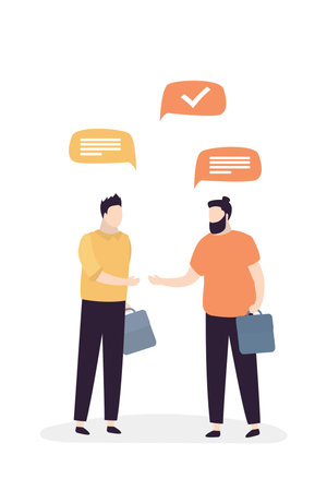 Two businessmen talking. Dialog between business people. Handsome male characters isolated on white background. Trendy vector illustrationのイラスト素材