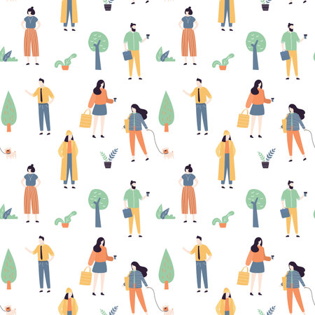 Seamless pattern with cool and fashion people. Various persons on white background. Texture with funny doodle male and female characters. Group of tiny people. Trendy style vector illustrationのイラスト素材