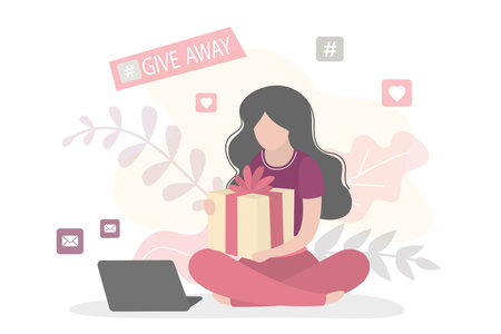 Blogger holding gift box. Woman vlogger gives presents between her followers. Giveaway event or contest. Online stream on video channel. Beauty female character. Flat vector illustrationのイラスト素材