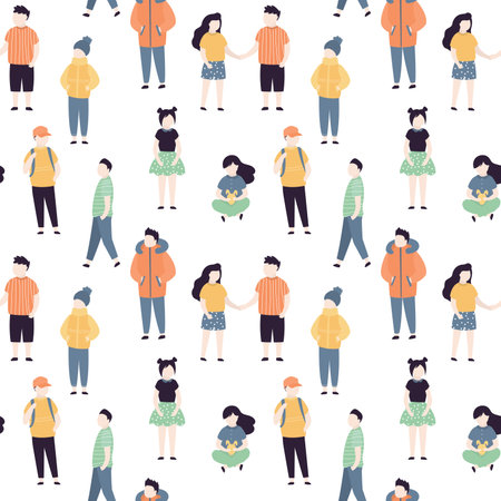 Seamless pattern with cool and fashion teens. Various teenagers on white background. Texture with funny children or student. Doodle group of people. Trendy style vector illustrationのイラスト素材