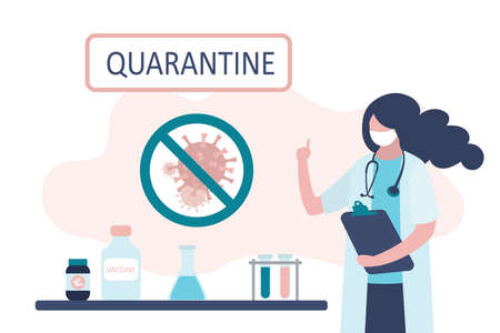 Viral quarantine concept. Female medical scientist warns of the spread of the virus. Doctor in uniform and mask, workplace desk. Trendy style vector illustrationのイラスト素材