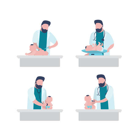 Set of male pediatrician and baby, isolated on white background. Handsome doctor or physician man in white coat examines, listens, treats infant with help of medical devices. Flat vector illustrationのイラスト素材