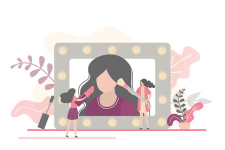 Beauty salon concept banner. Women in beauty studio making make up. Fashion and glamor girls. Female...