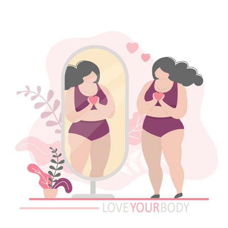 Love your body. Positive fat woman looking in the mirror. Happy overweight female character holding heart. Plump Girl in underwear. Trendy style vector illustrationのイラスト素材