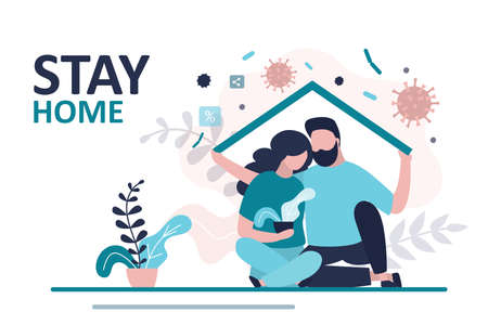 Stay home banner template. Love couple sitting home. Quarantine or self-isolation. Health care concept. Fears of getting coronavirus. Global viral epidemic or pandemic. Flat vector illustrationのイラスト素材