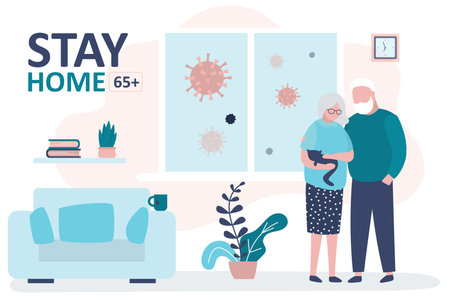 Stay home 65 and older banner template. Elderly couple at home. Quarantine or self-isolation. Grandparents health care concept. Fears of getting coronavirus. Global viral epidemic or pandemic.Vectorのイラスト素材