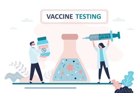 Virus vaccine development. Medical worker research and test new coronavirus vaccine. People in uniform holding medical supplies and syringe. Health care concept. Global covid 19 pandemic. Flat Vectorのイラスト素材