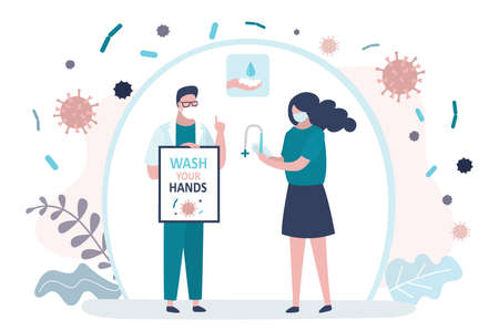 Woman washes hands thoroughly with soap. Female character is protected from coronavirus and diseases. Doctor recommend disinfection, protection against viruses and germs.Protective mask on face.Vectorのイラスト素材