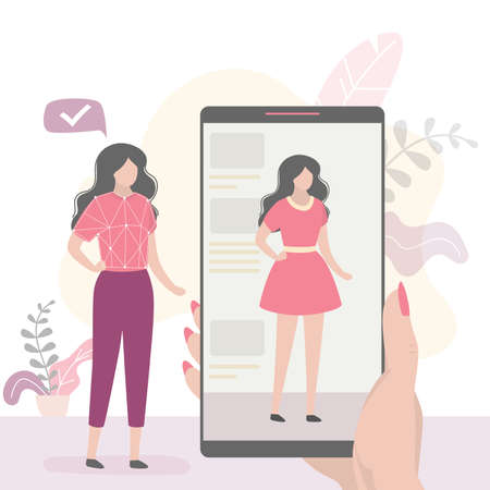 Hand holding modern smartphone. Female character trying on clothes in an online fitting shop. Online shopping, internet store. Banner with new fashion technologies. Trendy flat vector illustrationのイラスト素材