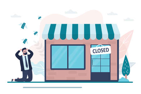 Shop closed. Empty storefront and plate on the door, store is not working. Shocked businessman is on his knees, financial losses or bankruptcy due to coronavirus. Quarantine or self-isolation. Vectorのイラスト素材