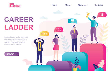 Career ladder landing page. Success in business, corporate relations. Group of various businesspeople standing on stairs. Reward, successful businesswoman, unhappy colleagues. Trendy vector illustrationのイラスト素材