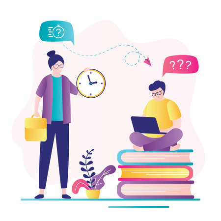Female boss requires completion deadlines on time. Business man with modern laptop works. Time management and deadline concept. Employee trying to do job on time. Flat trendy vector illustrationのイラスト素材