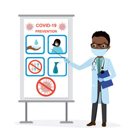 African american male doctor warn about coronavirus pandemic. Cartoon man medical worker, prevention covid-19. Wear mask, wash hands thoroughly, stay home, disinfection. Flat vector illustrationのイラスト素材