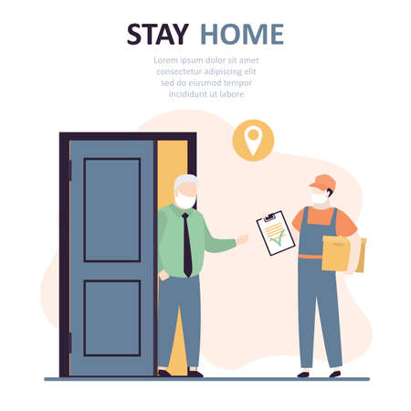 Grandfather on self-isolation receives an online purchase. Delivery man with box and elderly man client. Male courier in uniform. People in protective masks on faces. Quarantine. Vector illustrationのイラスト素材