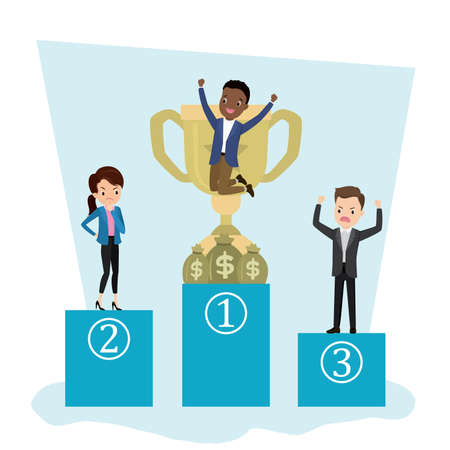 Awards Ceremony. Three People stand on the podium, happy and sad businessmen standing on pedestal, jumping african american male winner and losers, flat vector illustrationのイラスト素材